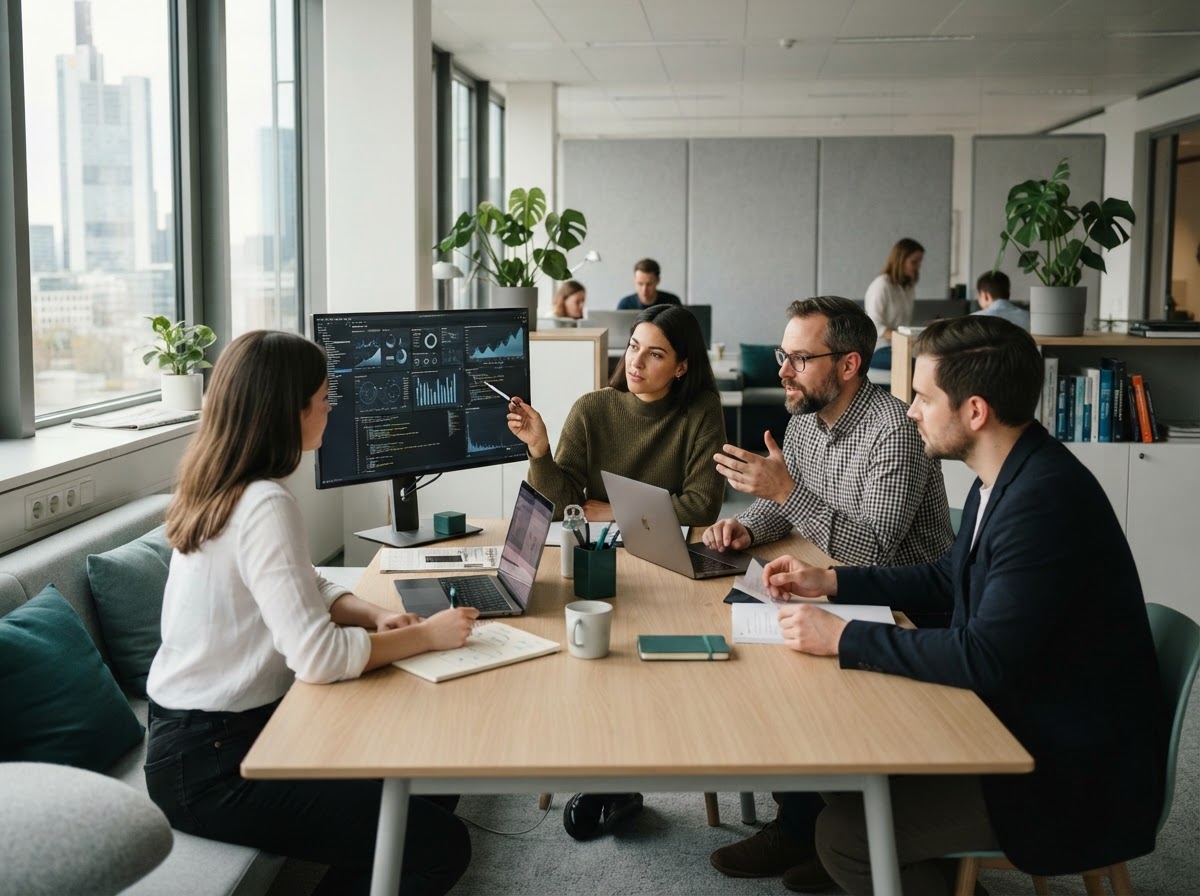 Noerdfunkel Team bei der Analyse von Risikomodellen und Marktdaten